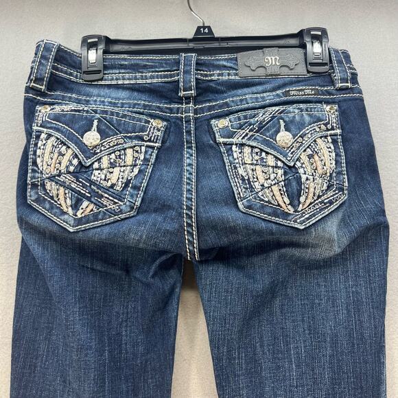 Miss Me Jeans Women's 27 (4) Dark Blue Signature Boot Angel Wings Western Blingy